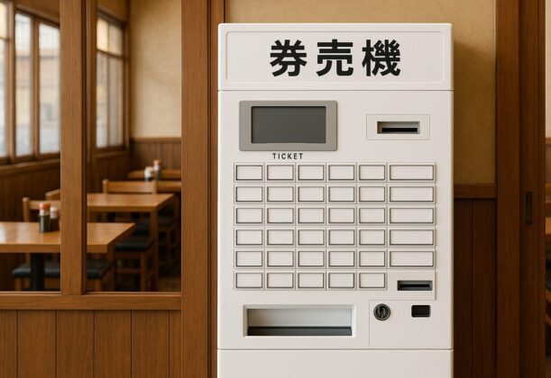 飲食店の入口に置かれたボタン式券売機のイメージ
