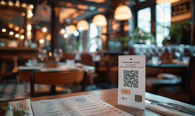 飲食店のテーブルに置かれたQRコードのPOP
