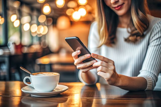 カフェでスマホを操作する女性