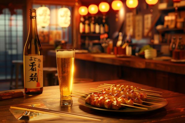 飲食店のテーブルにビール・酒瓶・焼き鳥が並ぶイメージ