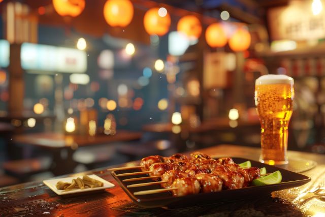飲食店のテーブルに置かれた焼き鳥とビールのイメージ