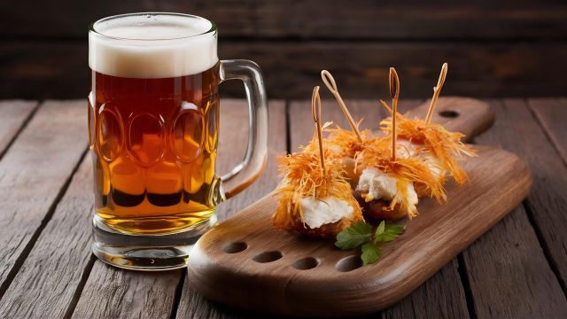 ジョッキに注がれたビールとおつまみのイメージ