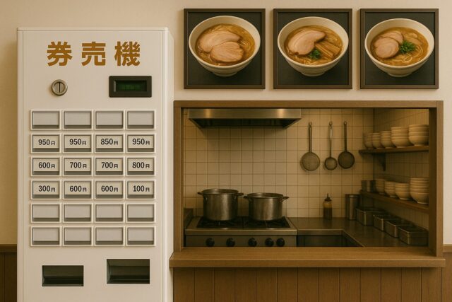 ラーメン屋の厨房横にあるボタン式券売機のイメージ
