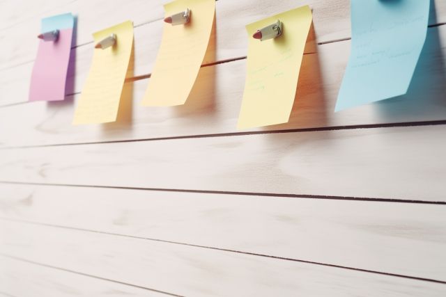 木目調の壁に貼られた5枚のカラフルな付箋