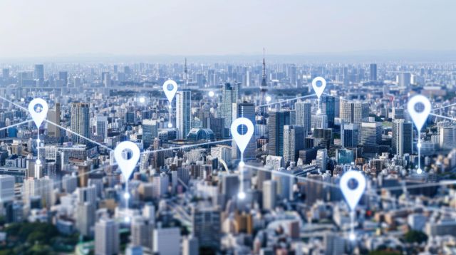 線で接続された複数の建物
