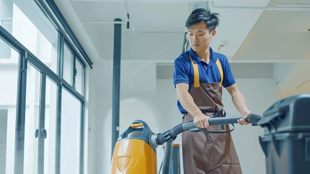 電動掃除道具を使用して清掃作業を行う男性