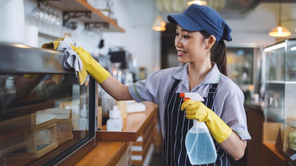 ユニフォームを着て 洗剤やアルコールをスプレーしている女性